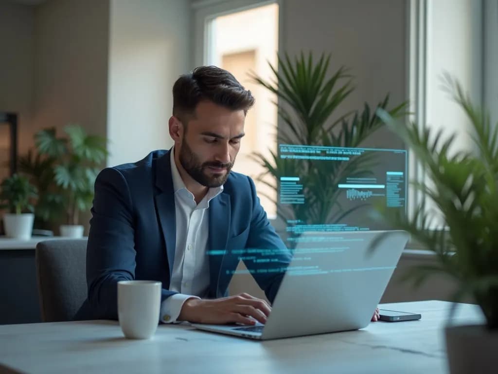 Agente immobiliare al lavoro con strumenti di intelligenza artificiale su laptop e smartphone