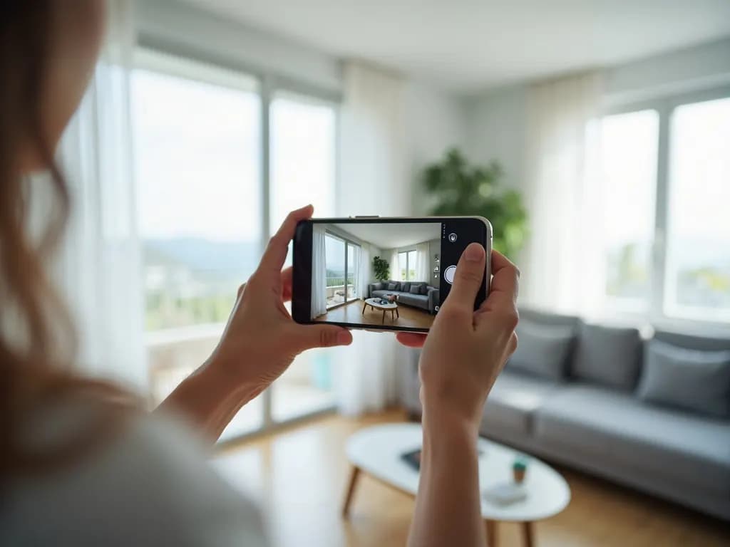 Mani che fotografano con lo smartphone un soggiorno luminoso e ordinato