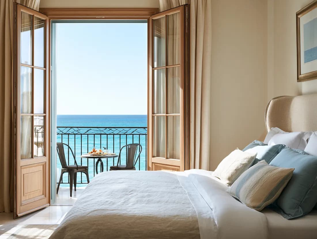 Annuncio immobiliare di una camera da letto luminosa con vista mare