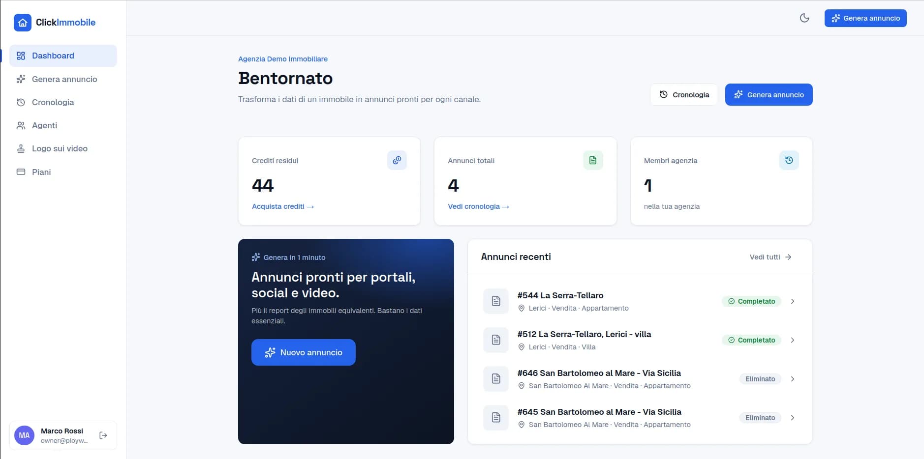 Dashboard di ClickImmobile per agenzie immobiliari italiane: crediti residui, annunci generati e membri del team